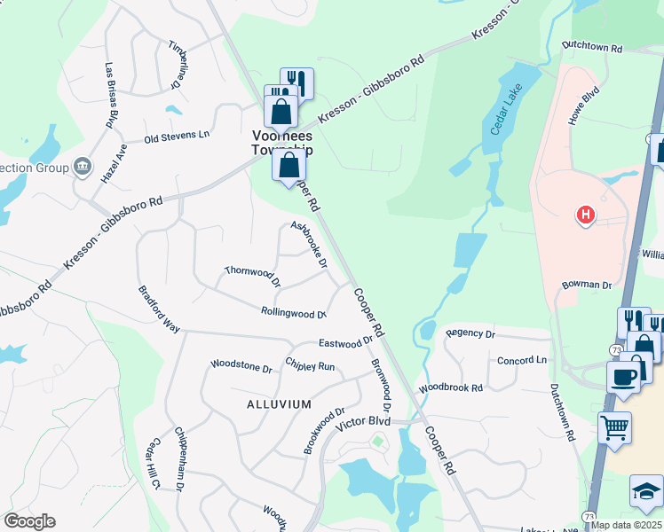 map of restaurants, bars, coffee shops, grocery stores, and more near 6 Ashbrooke Drive in Voorhees Township