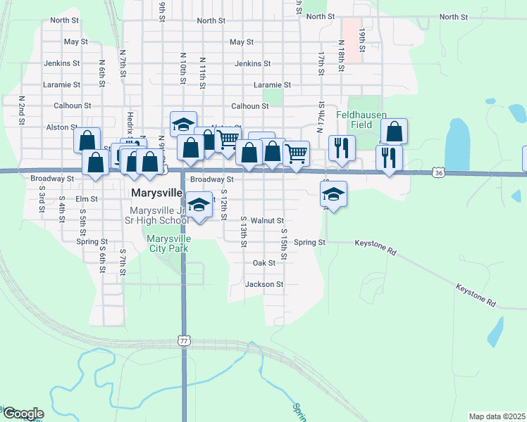 map of restaurants, bars, coffee shops, grocery stores, and more near 207 North 14th Street in Marysville