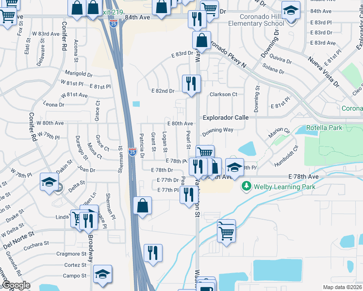 map of restaurants, bars, coffee shops, grocery stores, and more near 7887 Pearl Street in Denver