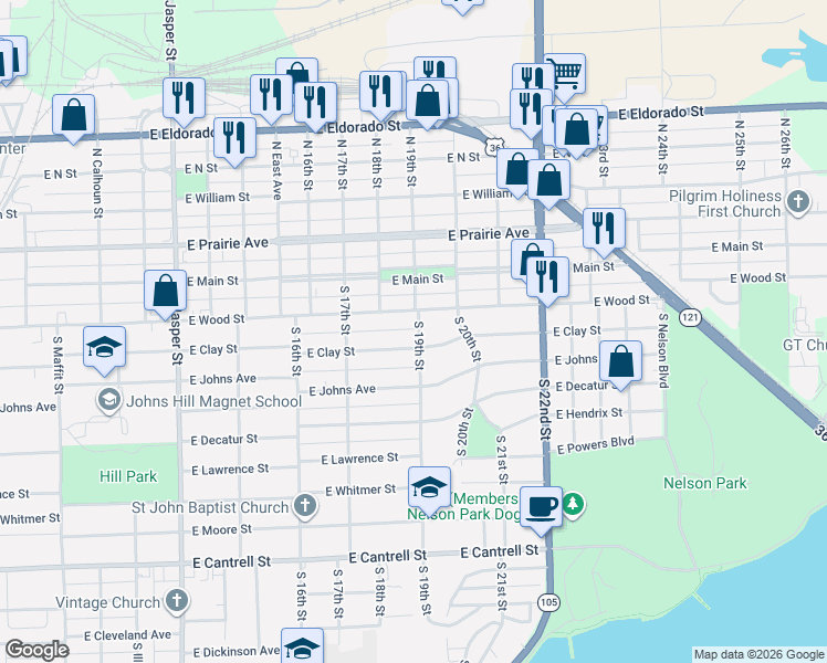 map of restaurants, bars, coffee shops, grocery stores, and more near 1922 East Clay Street in Decatur