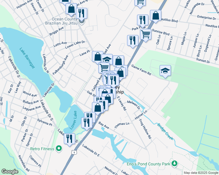 map of restaurants, bars, coffee shops, grocery stores, and more near 17 Lacey Road in Lacey Township
