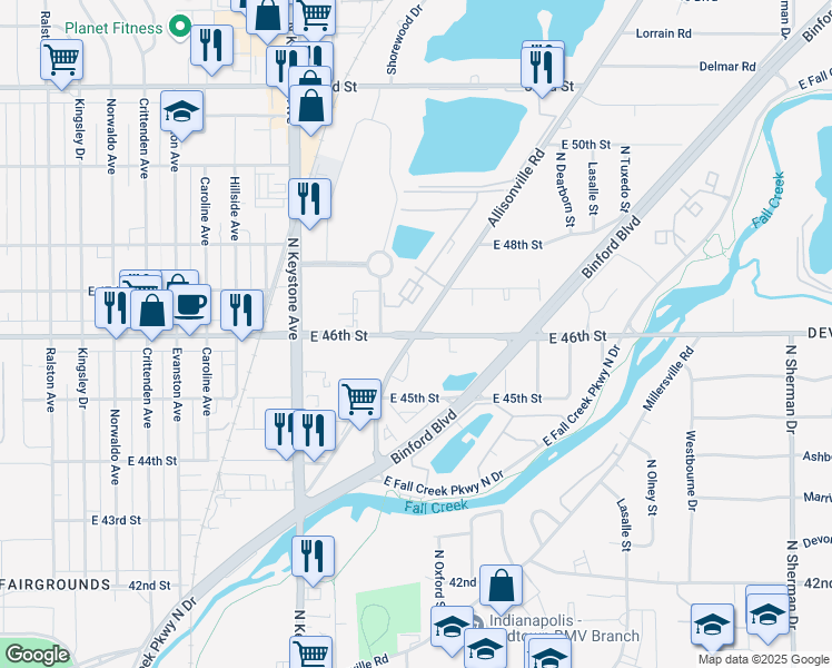 map of restaurants, bars, coffee shops, grocery stores, and more near Allisonville Rd & E 46th St in Indianapolis