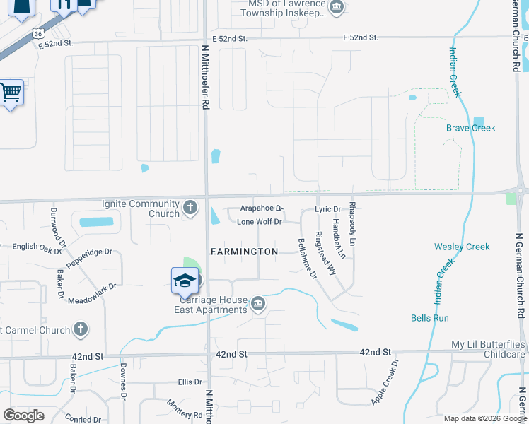map of restaurants, bars, coffee shops, grocery stores, and more near 10210 Lone Wolf Drive in Indianapolis