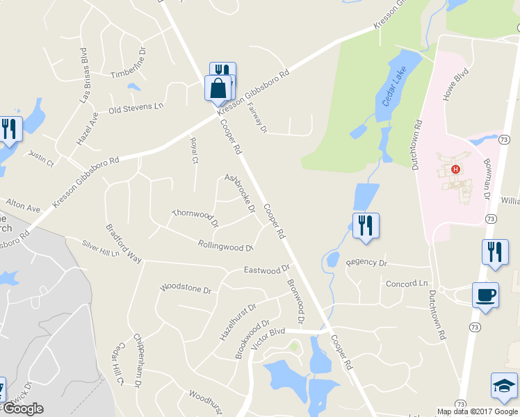 map of restaurants, bars, coffee shops, grocery stores, and more near 6 Ashbrooke Drive in Voorhees Township