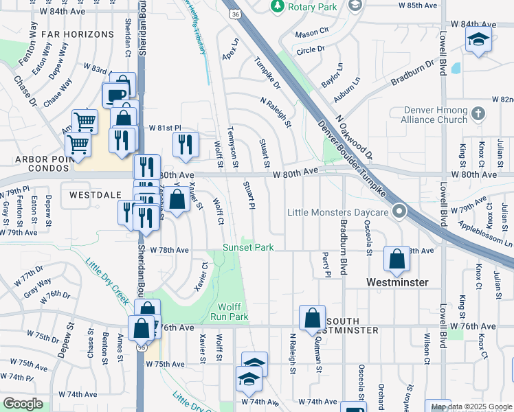 map of restaurants, bars, coffee shops, grocery stores, and more near 7901 Stuart Place in Westminster