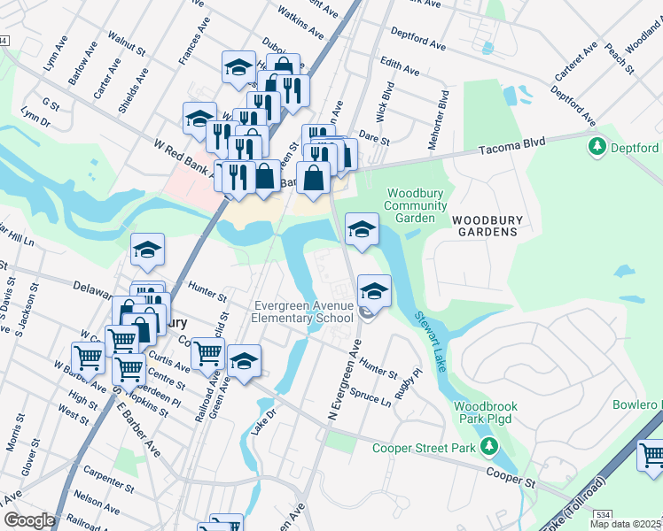 map of restaurants, bars, coffee shops, grocery stores, and more near 231 North Evergreen Avenue in Woodbury