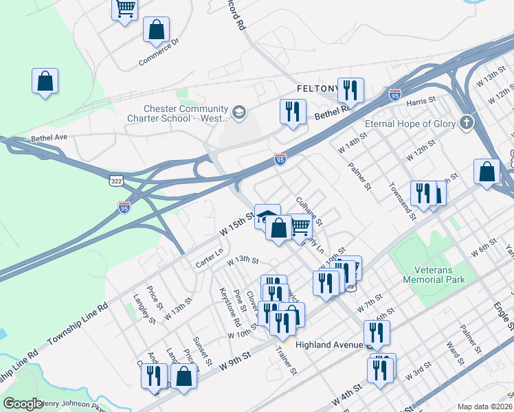 map of restaurants, bars, coffee shops, grocery stores, and more near in Chester