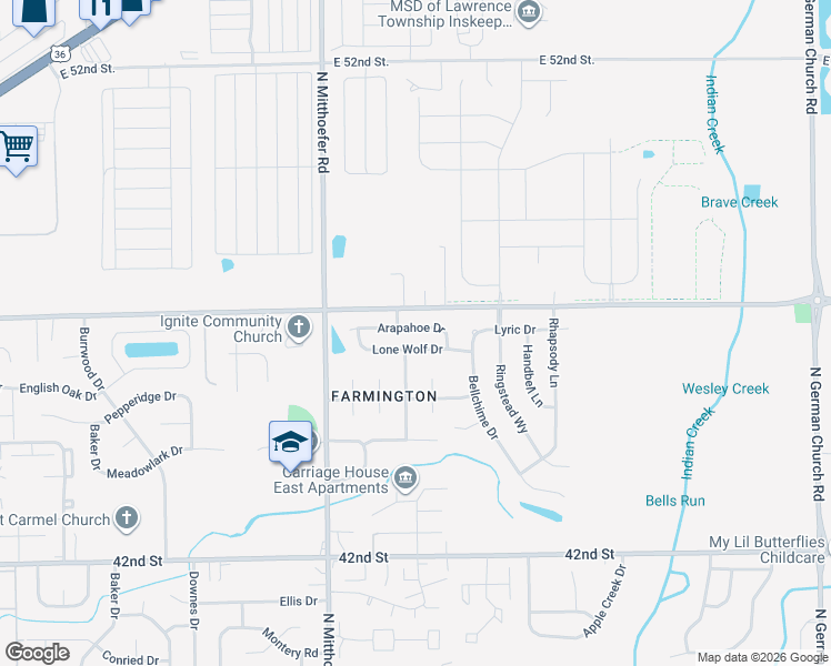 map of restaurants, bars, coffee shops, grocery stores, and more near 10210 Lone Wolf Drive in Indianapolis