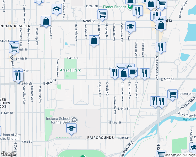 map of restaurants, bars, coffee shops, grocery stores, and more near 4556 Ralston Avenue in Indianapolis