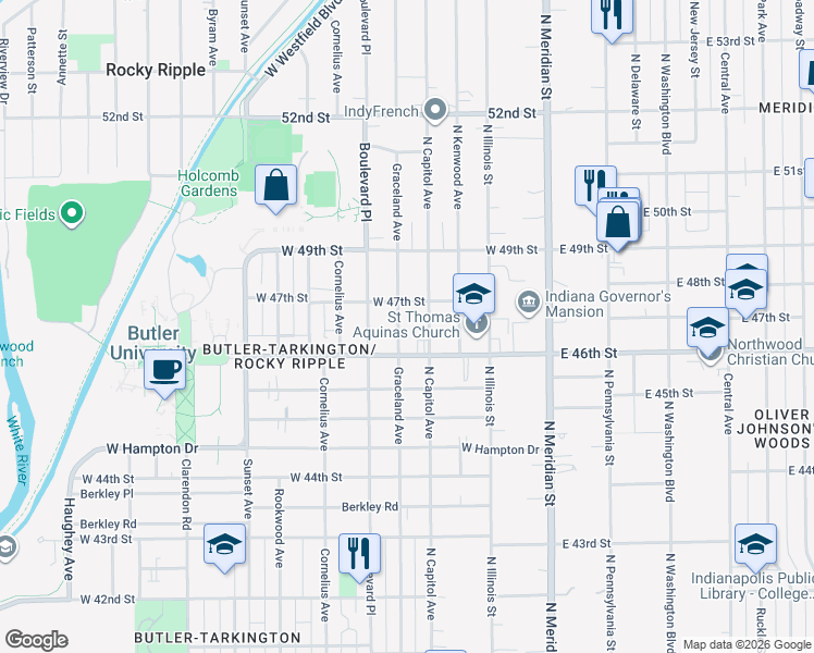 map of restaurants, bars, coffee shops, grocery stores, and more near 4614 Graceland Avenue in Indianapolis