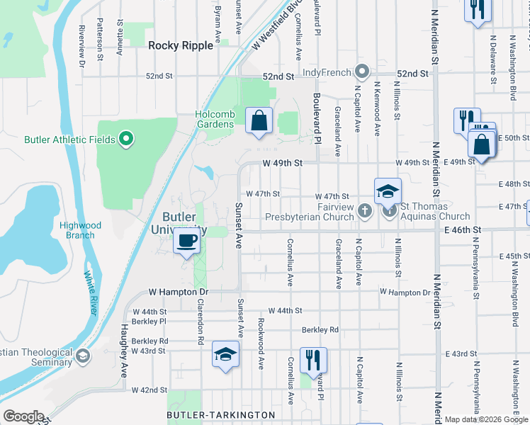 map of restaurants, bars, coffee shops, grocery stores, and more near 4621 Rookwood Avenue in Indianapolis