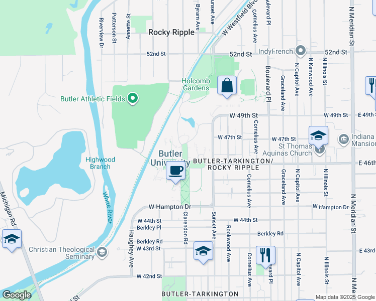 map of restaurants, bars, coffee shops, grocery stores, and more near 624-674 Butler Way in Indianapolis