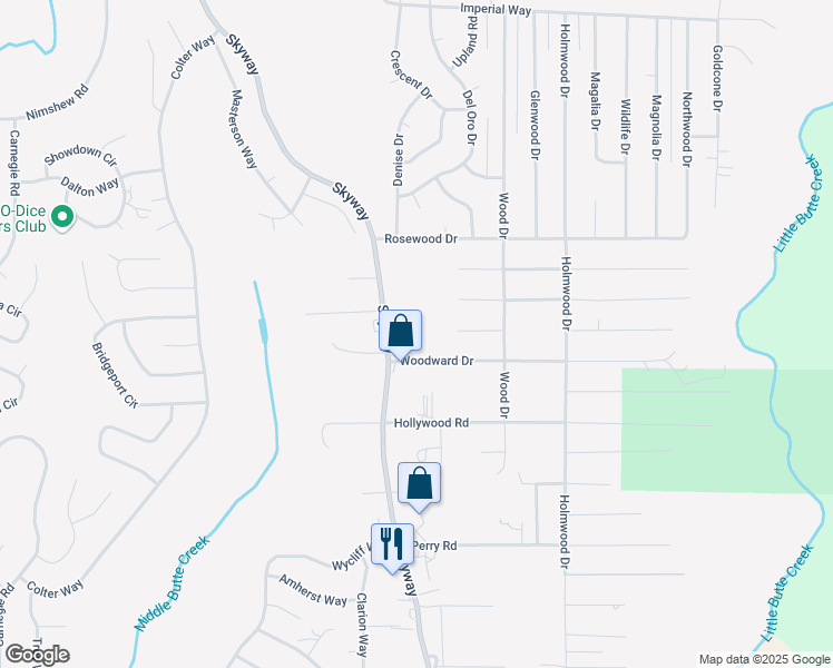 map of restaurants, bars, coffee shops, grocery stores, and more near 14632 Skyway in Magalia