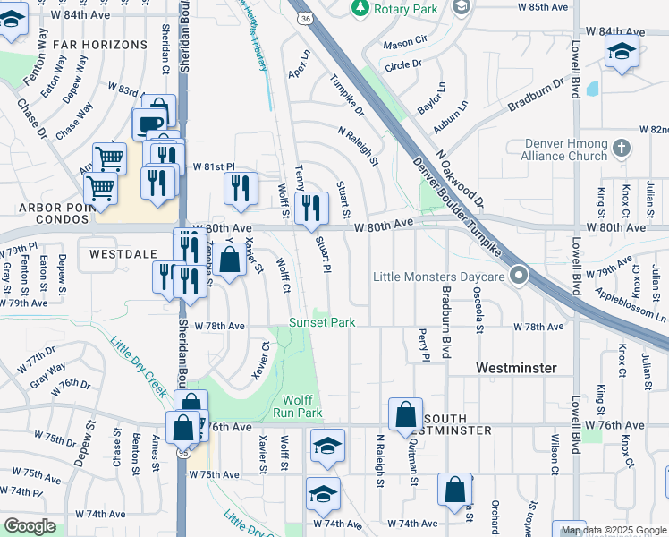 map of restaurants, bars, coffee shops, grocery stores, and more near 7901 Stuart Place in Westminster