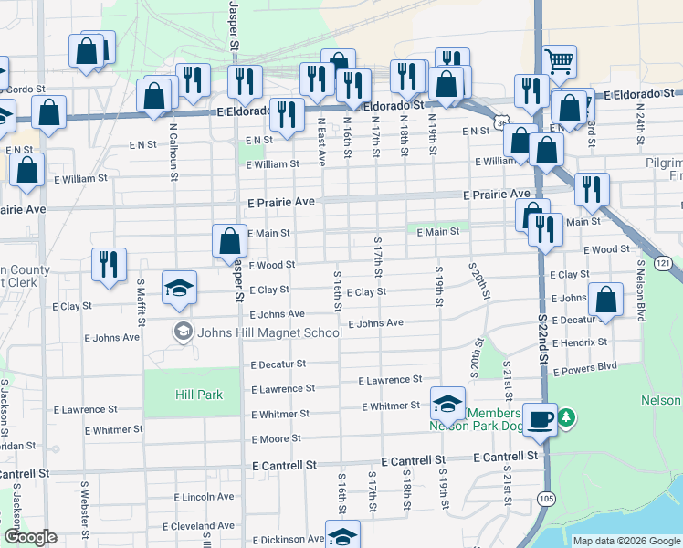 map of restaurants, bars, coffee shops, grocery stores, and more near 1608 East Clay Street in Decatur