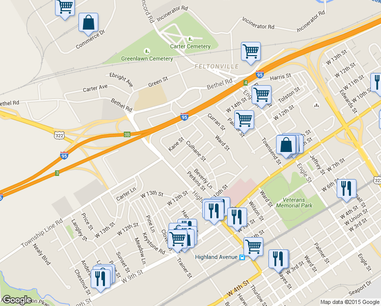 map of restaurants, bars, coffee shops, grocery stores, and more near 2704 Swarts Street in Chester