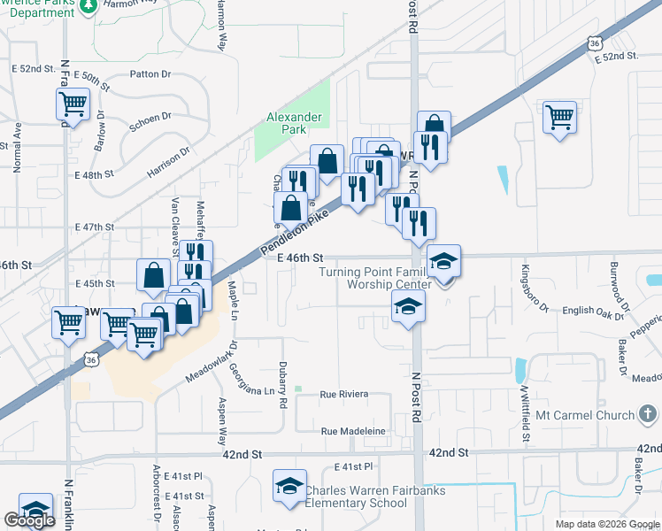 map of restaurants, bars, coffee shops, grocery stores, and more near 4522 Clinton Street in Indianapolis