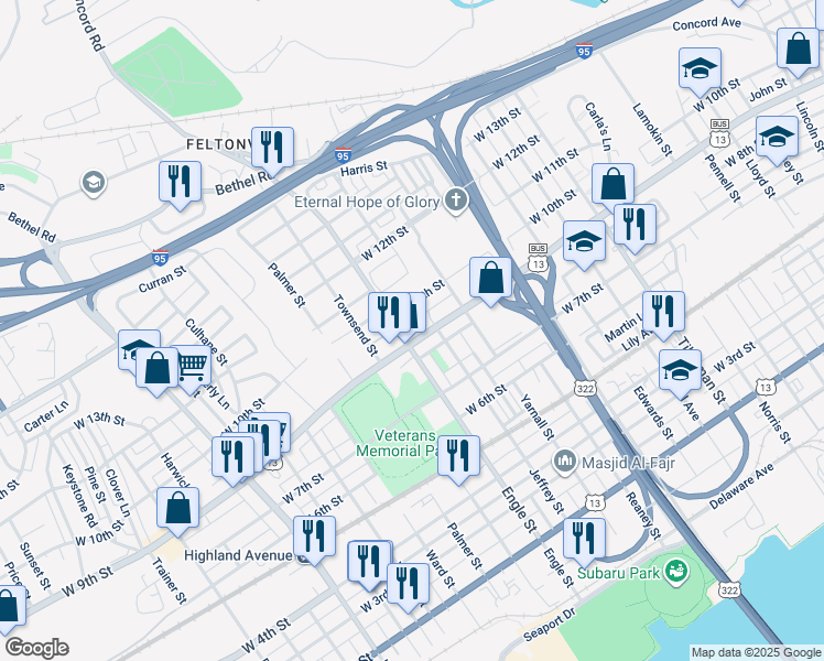 map of restaurants, bars, coffee shops, grocery stores, and more near 2122 West 9th Street in Chester