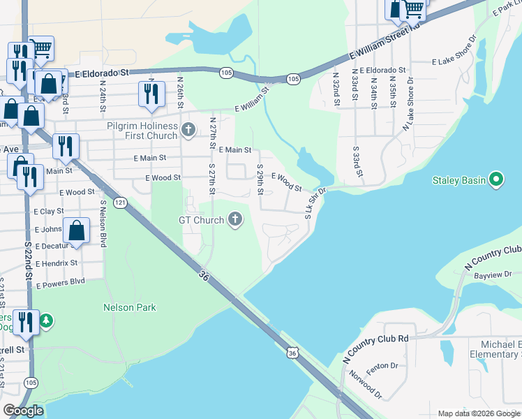 map of restaurants, bars, coffee shops, grocery stores, and more near 2901 Wasson Way in Decatur