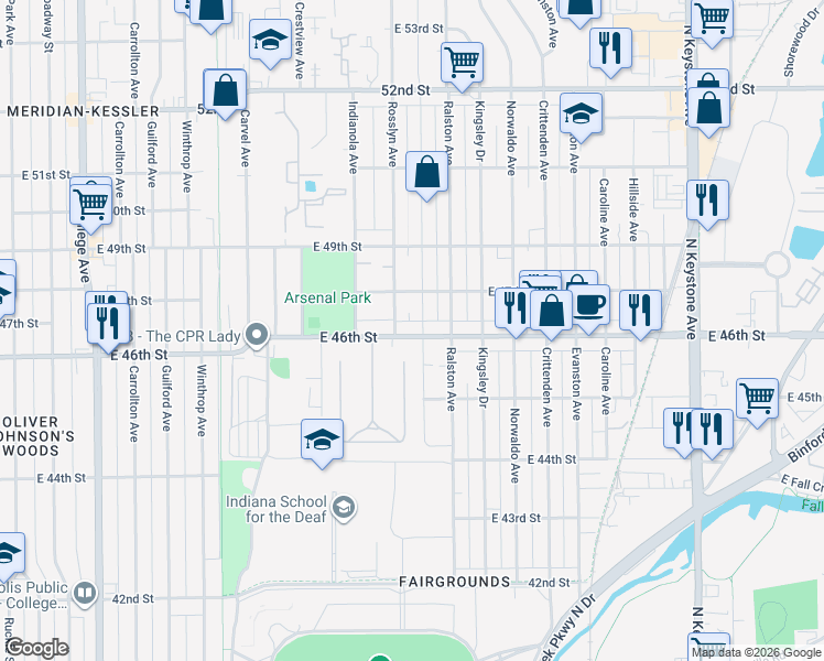 map of restaurants, bars, coffee shops, grocery stores, and more near 1519 East 46th Street in Indianapolis