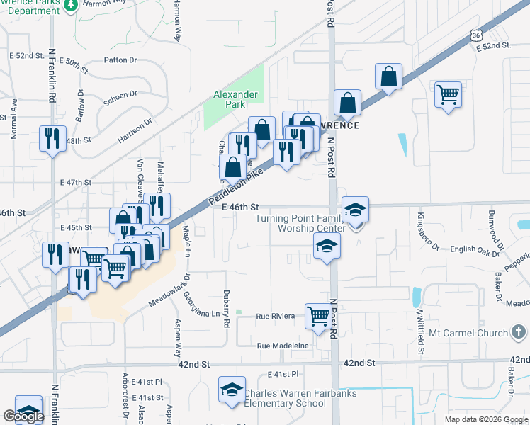 map of restaurants, bars, coffee shops, grocery stores, and more near 4522 Clinton Street in Indianapolis