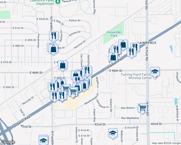 map of restaurants, bars, coffee shops, grocery stores, and more near 8320 Pendleton Pike in Indianapolis