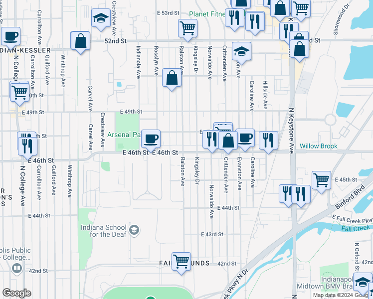 map of restaurants, bars, coffee shops, grocery stores, and more near 1712 East 46th Street in Indianapolis