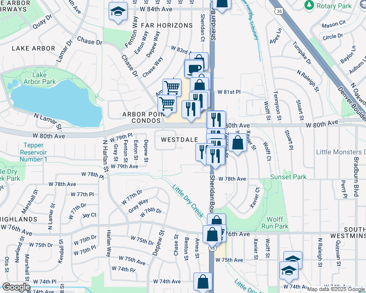 map of restaurants, bars, coffee shops, grocery stores, and more near 7964 Chase Circle in Arvada