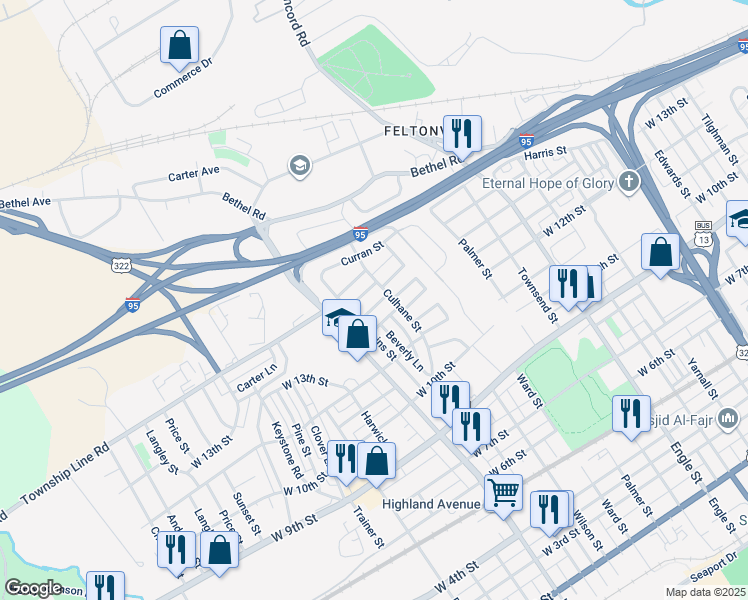 map of restaurants, bars, coffee shops, grocery stores, and more near 2704 Swarts Street in Chester