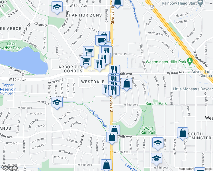 map of restaurants, bars, coffee shops, grocery stores, and more near 5325 West 79th Avenue in Westminster