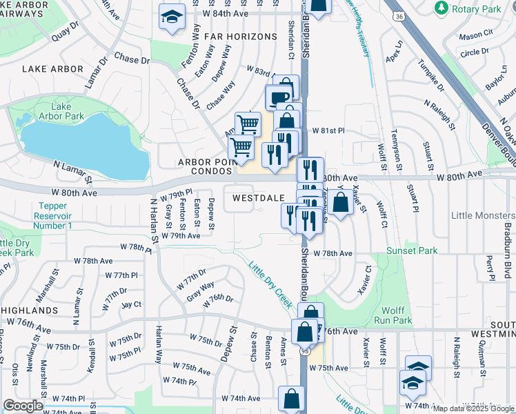 map of restaurants, bars, coffee shops, grocery stores, and more near 7964 Chase Circle in Arvada