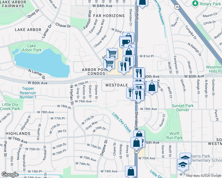 map of restaurants, bars, coffee shops, grocery stores, and more near 7946 Chase Circle in Arvada