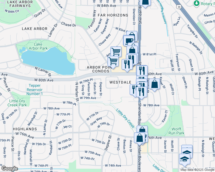 map of restaurants, bars, coffee shops, grocery stores, and more near 7936 Depew Street in Arvada