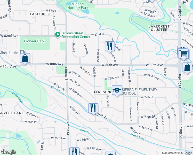map of restaurants, bars, coffee shops, grocery stores, and more near 7885 Quail Street in Arvada