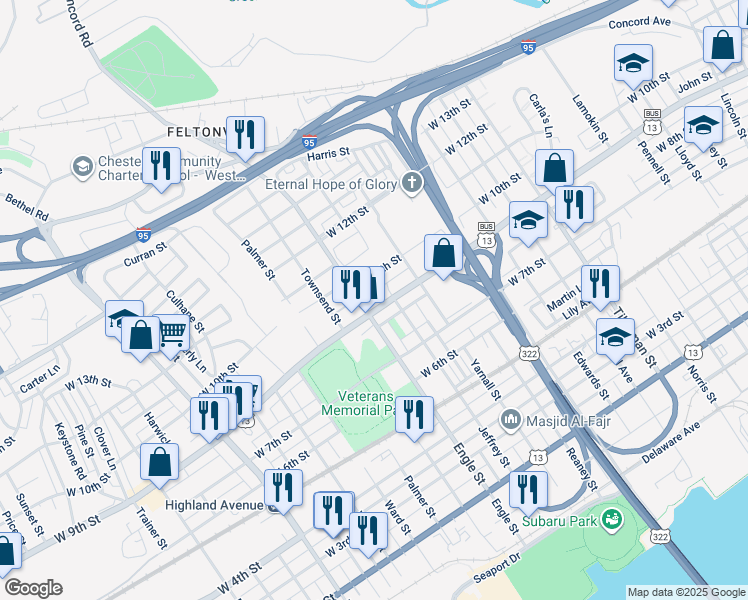 map of restaurants, bars, coffee shops, grocery stores, and more near 212 West 9th Street in Chester