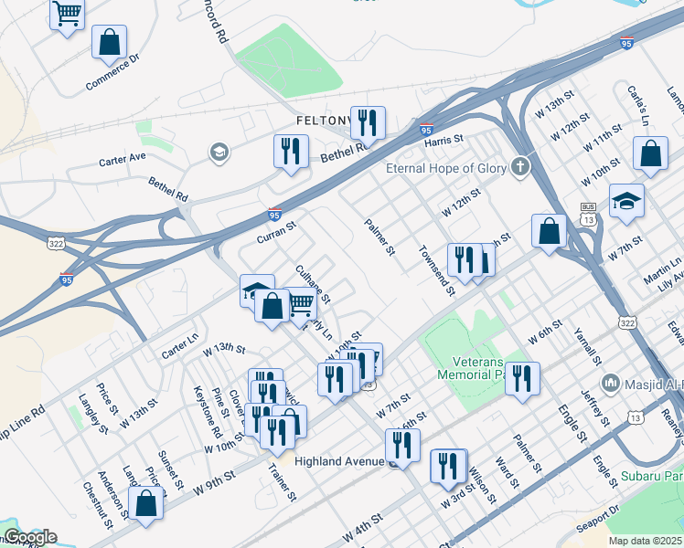 map of restaurants, bars, coffee shops, grocery stores, and more near 2602 Boyle Street in Chester