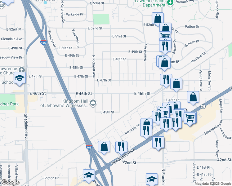 map of restaurants, bars, coffee shops, grocery stores, and more near 7607 East 46th Street in Indianapolis