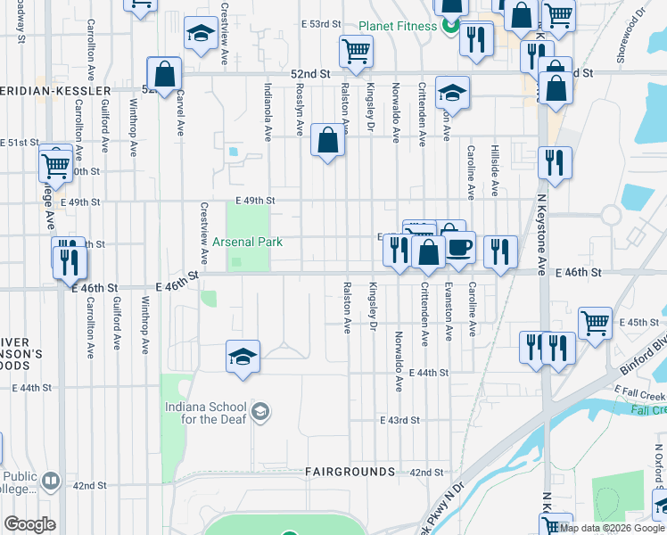map of restaurants, bars, coffee shops, grocery stores, and more near 4556 Ralston Avenue in Indianapolis