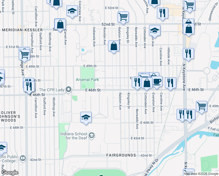 map of restaurants, bars, coffee shops, grocery stores, and more near 1519 East 46th Street in Indianapolis