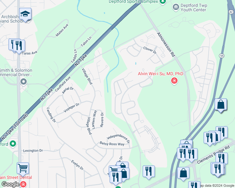 map of restaurants, bars, coffee shops, grocery stores, and more near 150 Rittenhouse Drive in Woodbury