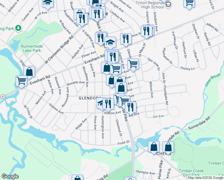 map of restaurants, bars, coffee shops, grocery stores, and more near 16 West 9th Avenue in Camden County
