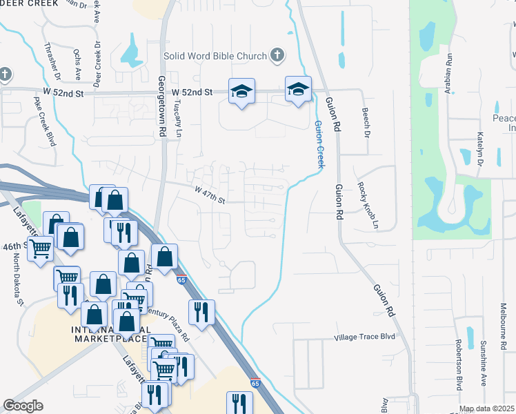 map of restaurants, bars, coffee shops, grocery stores, and more near 4417 West 47th Street in Indianapolis