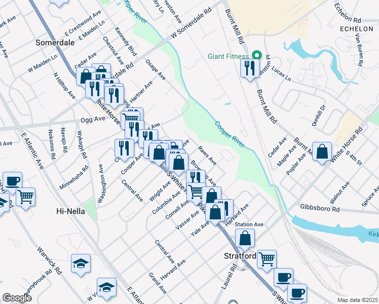 map of restaurants, bars, coffee shops, grocery stores, and more near 104 Pennsylvania Avenue in Somerdale