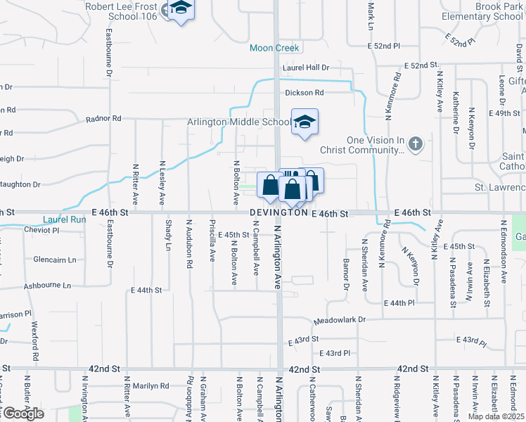 map of restaurants, bars, coffee shops, grocery stores, and more near East 46th Street & North Arlington Avenue in Indianapolis
