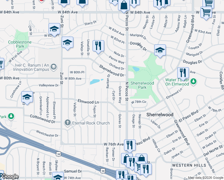 map of restaurants, bars, coffee shops, grocery stores, and more near 7906 Cyd Drive in Denver