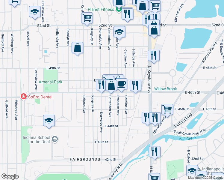 map of restaurants, bars, coffee shops, grocery stores, and more near 2019 East 46th Street in Indianapolis