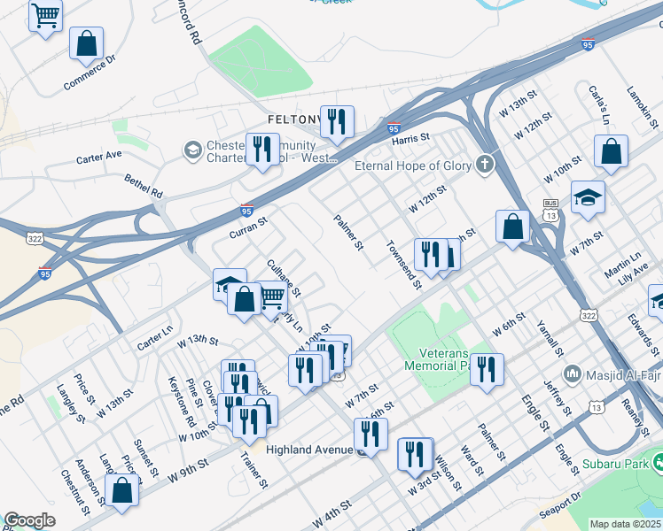 map of restaurants, bars, coffee shops, grocery stores, and more near 1127 Ward Street in Chester