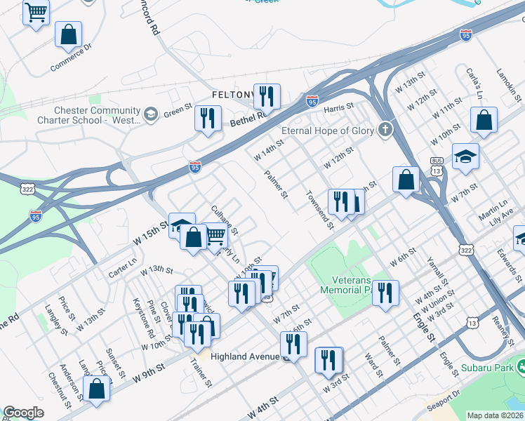 map of restaurants, bars, coffee shops, grocery stores, and more near 1034 Ward Street in Chester