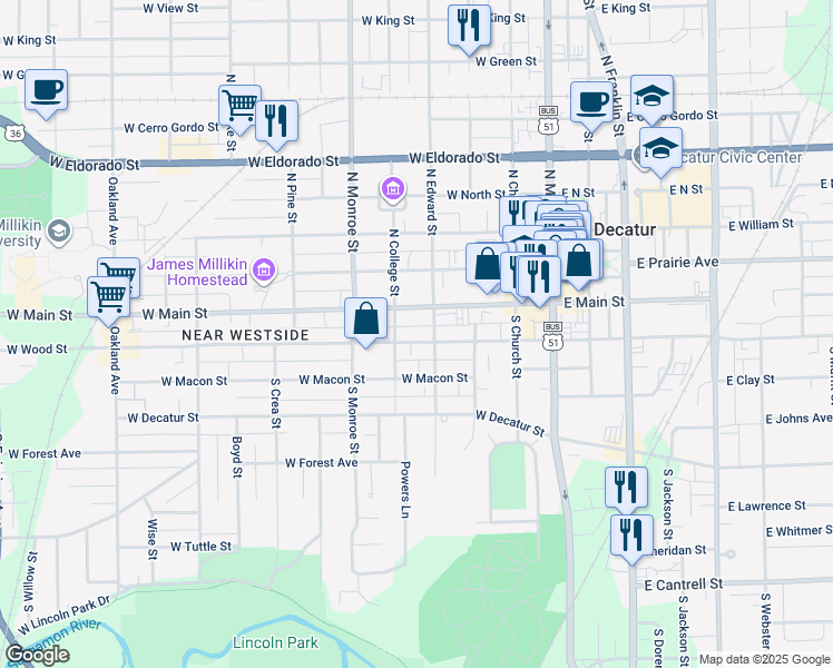 map of restaurants, bars, coffee shops, grocery stores, and more near 223 South Edward Street in Decatur