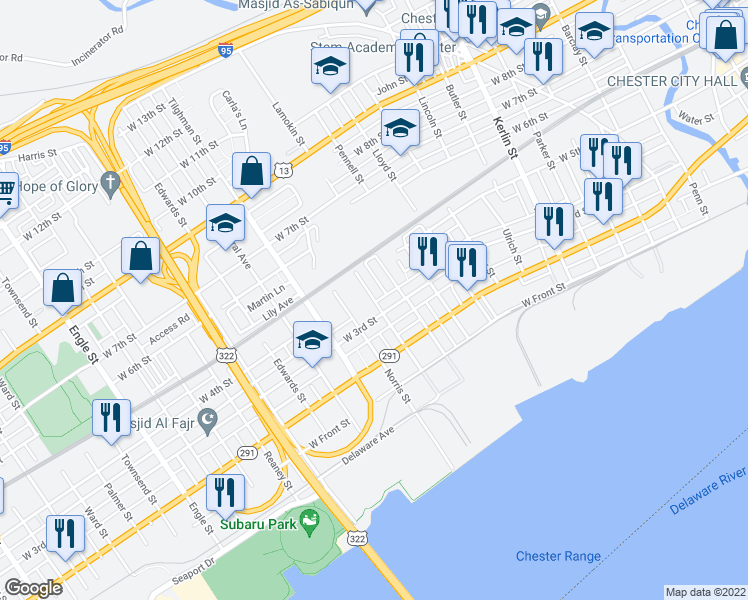 map of restaurants, bars, coffee shops, grocery stores, and more near 305 Broomall St in Chester